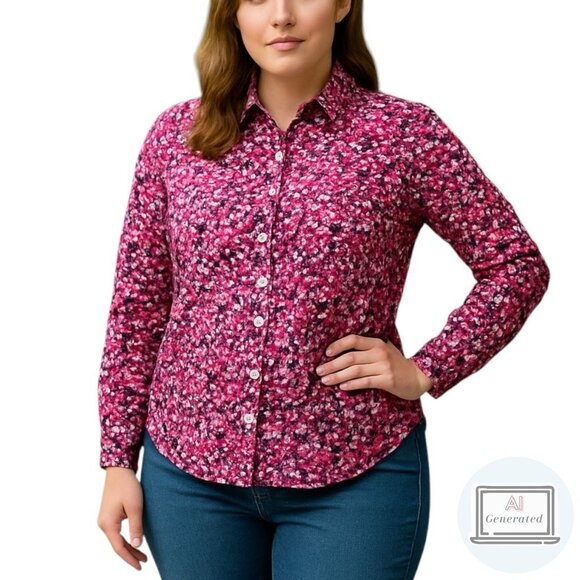 Talbots Womens Non Iron Shirt Animal Print Pink Long Sleeve Stretch Petite 12P - Picture 1 of 12